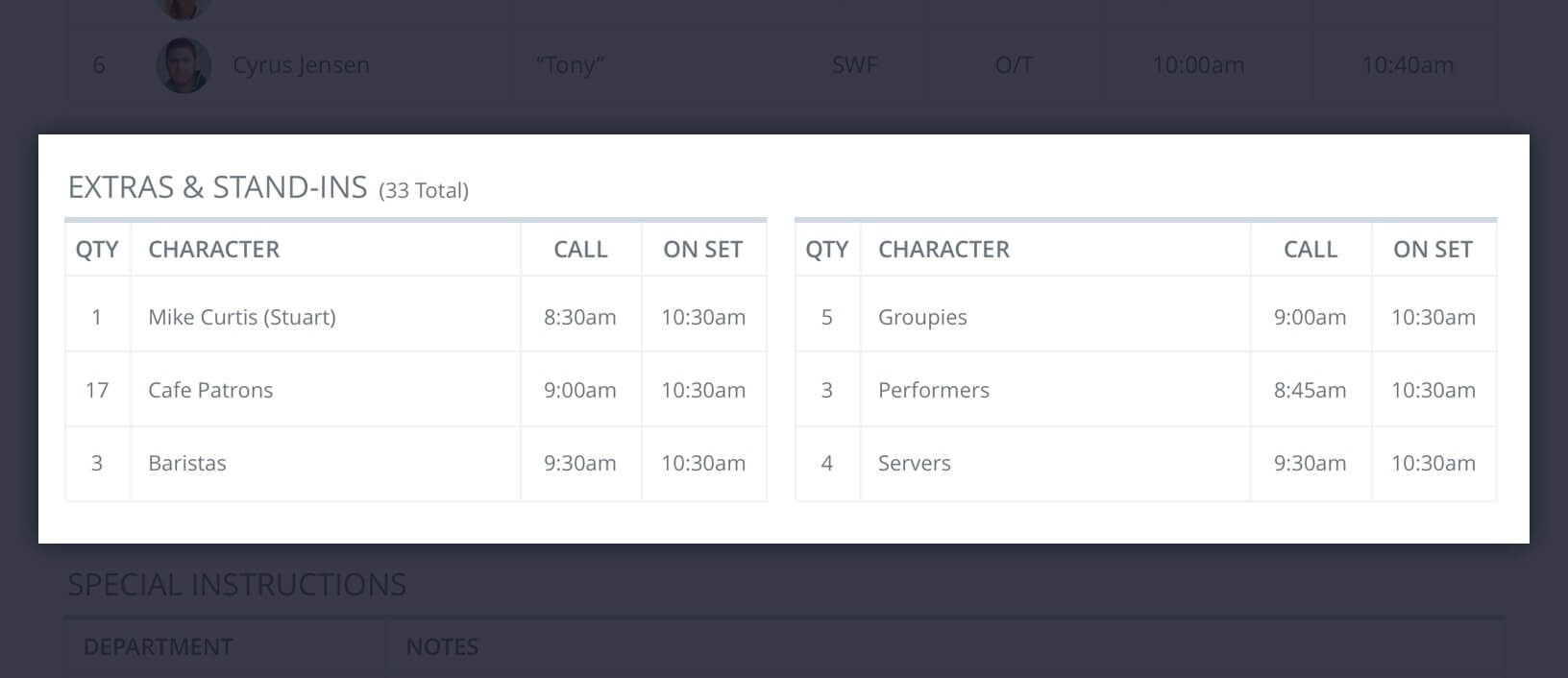 Callsheet Template Anatomy - Extras and Stand-Ins List - StudioBinder